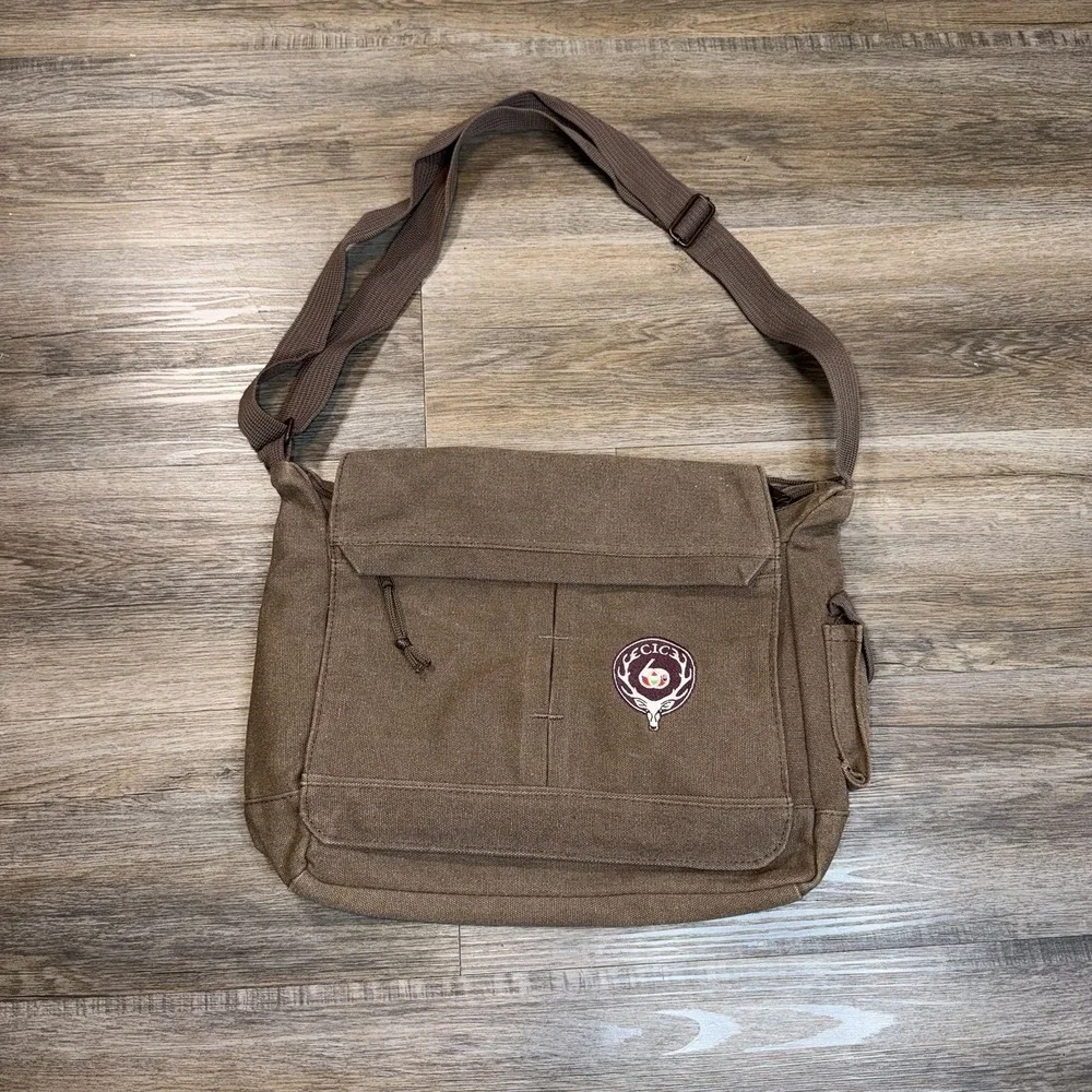 Brown Coffee-Themed Cotton Canvas Messenger Bag w/CIC Patch